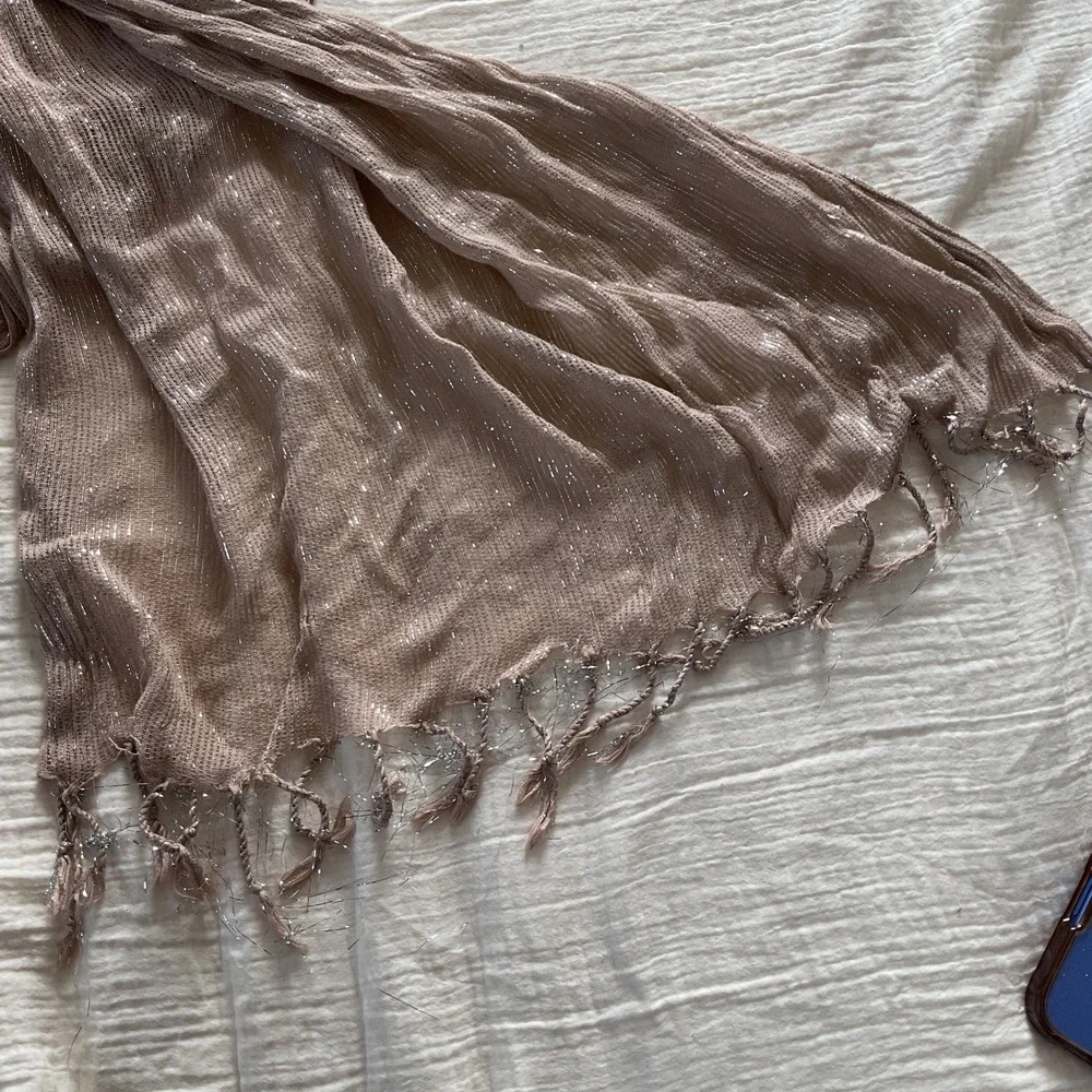 Y2K party Scarf Shimmer Metallic Rose Gold Boho Fringe Wrap Lightweight Crinkle